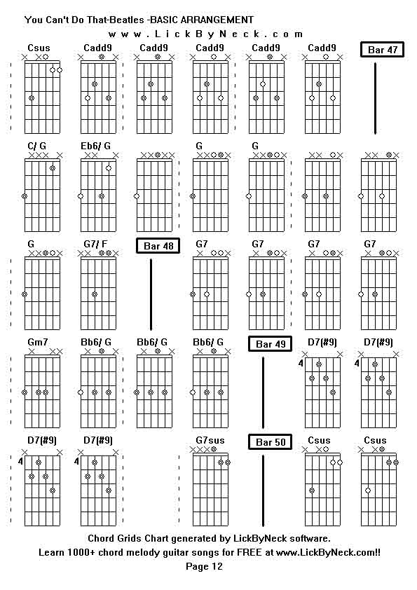 Chord Grids Chart of chord melody fingerstyle guitar song-You Can't Do That-Beatles -BASIC ARRANGEMENT,generated by LickByNeck software.